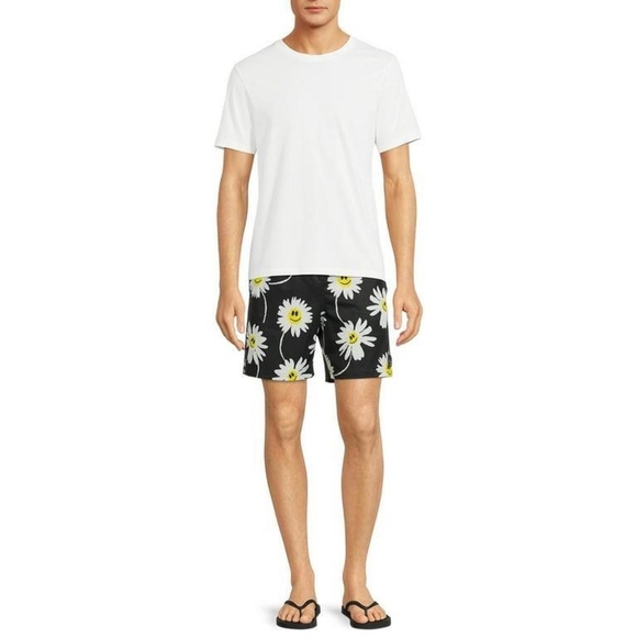 New With Tags NEFF Men's Black, White, & Yellow Daisy Smiley Graphic Swim Trunks - Picture 2 of 6